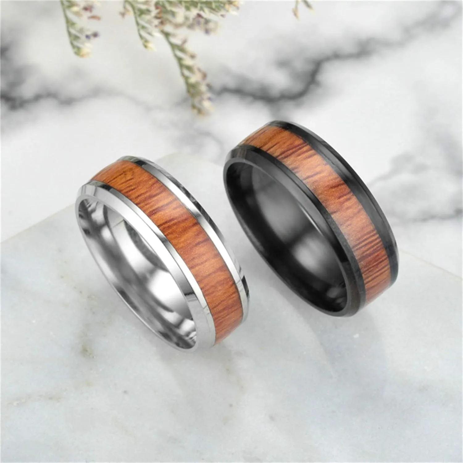 Couples Anniversary Rings, Matching Wedding Ring Stainless Steel Wood Pattern Silver&Black Rings Valentine's Jewelry Size 6-12