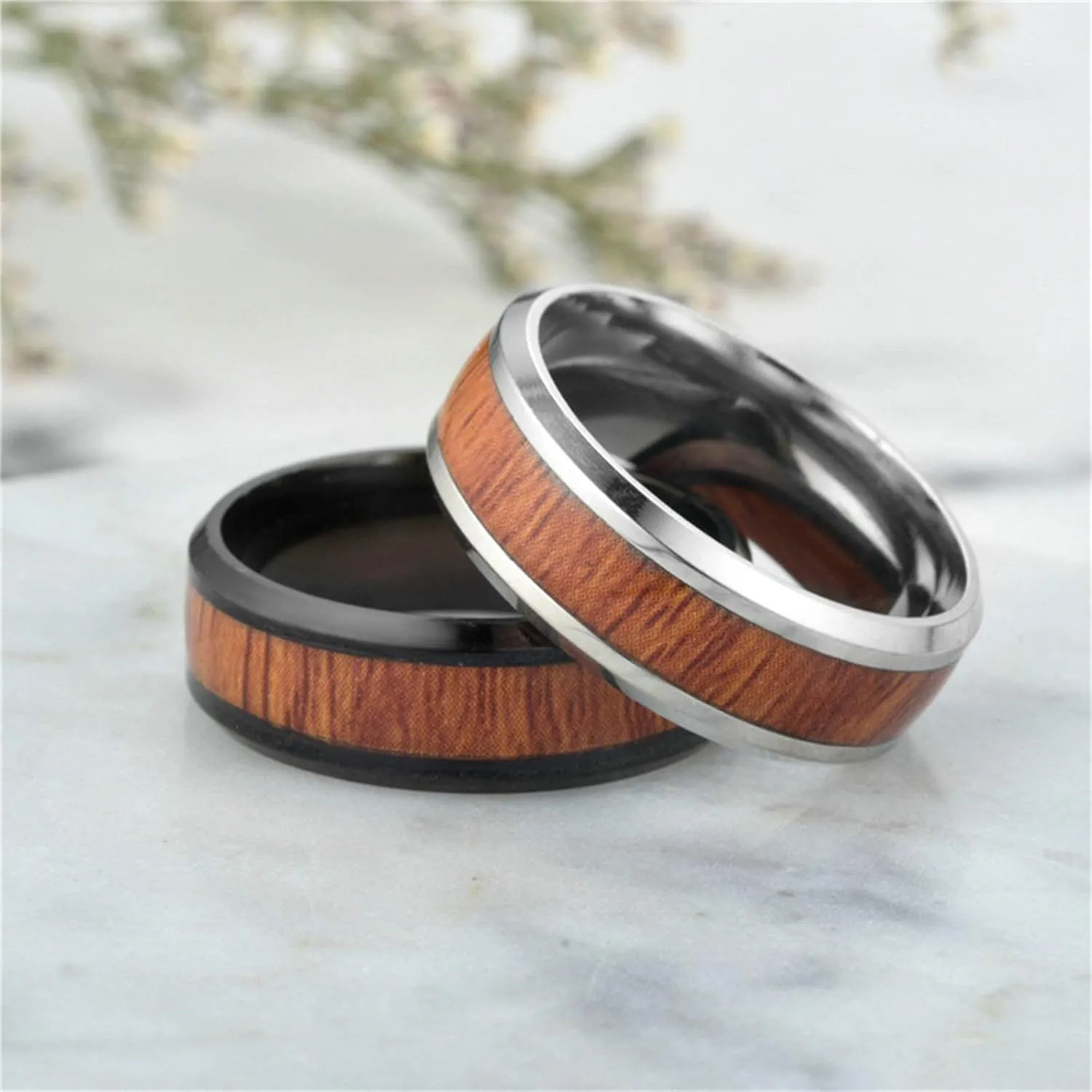 Couples Anniversary Rings, Matching Wedding Ring Stainless Steel Wood Pattern Silver&Black Rings Valentine's Jewelry Size 6-12