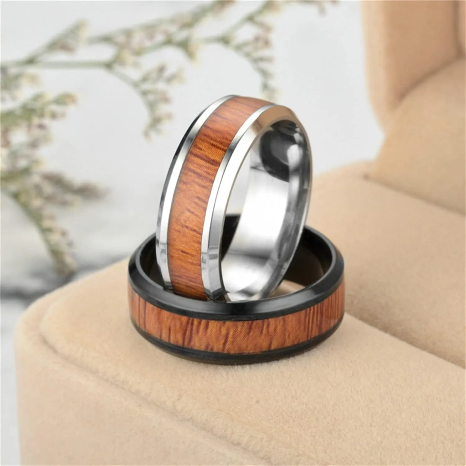 Couples Anniversary Rings, Matching Wedding Ring Stainless Steel Wood Pattern Silver&Black Rings Valentine's Jewelry Size 6-12