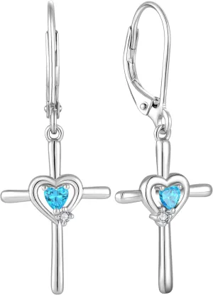 Cross Earrings Sterling Silver Opal Crucifix Dangle Drop Earrings Heart Birthstone Religious Jewelry for Women