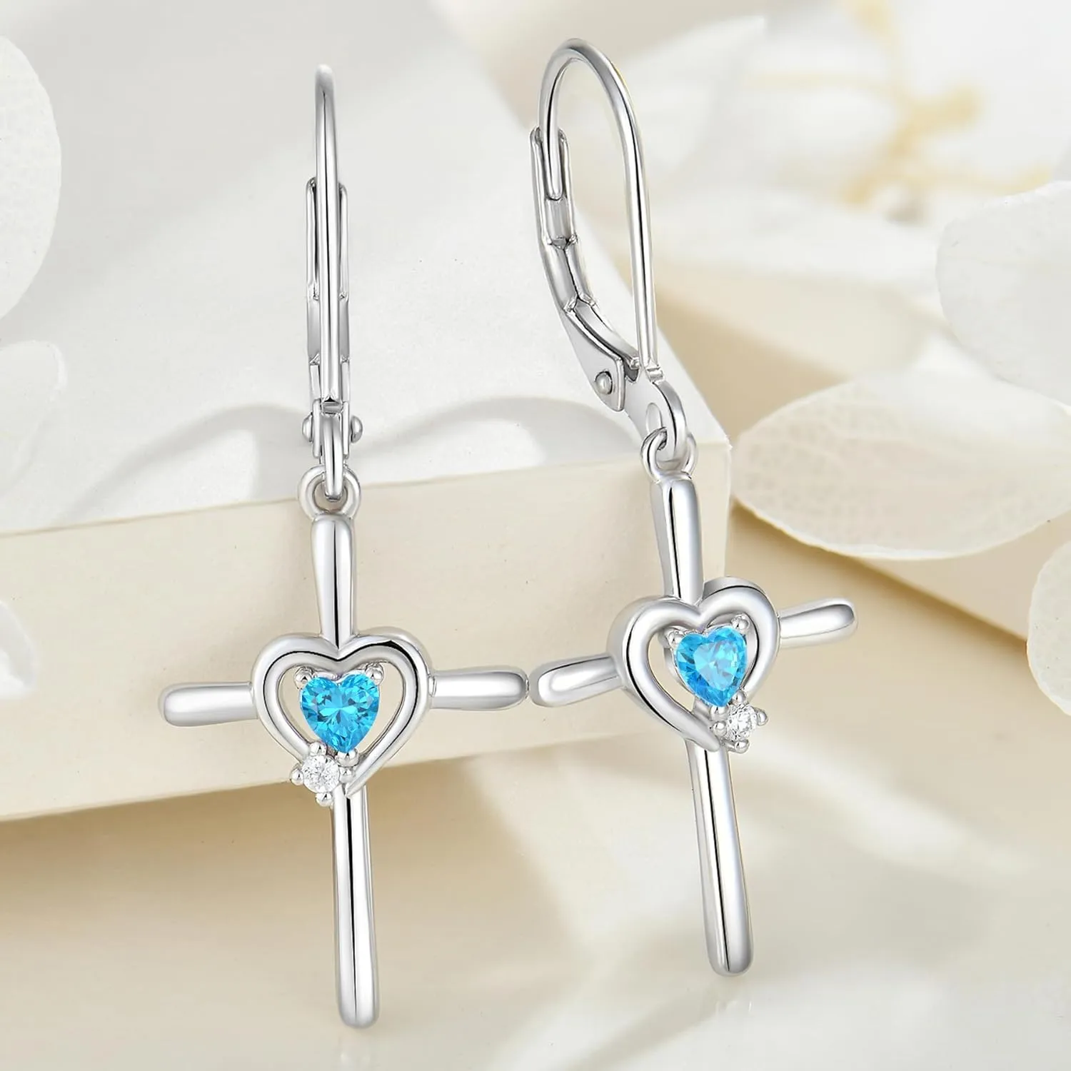 Cross Earrings Sterling Silver Opal Crucifix Dangle Drop Earrings Heart Birthstone Religious Jewelry for Women