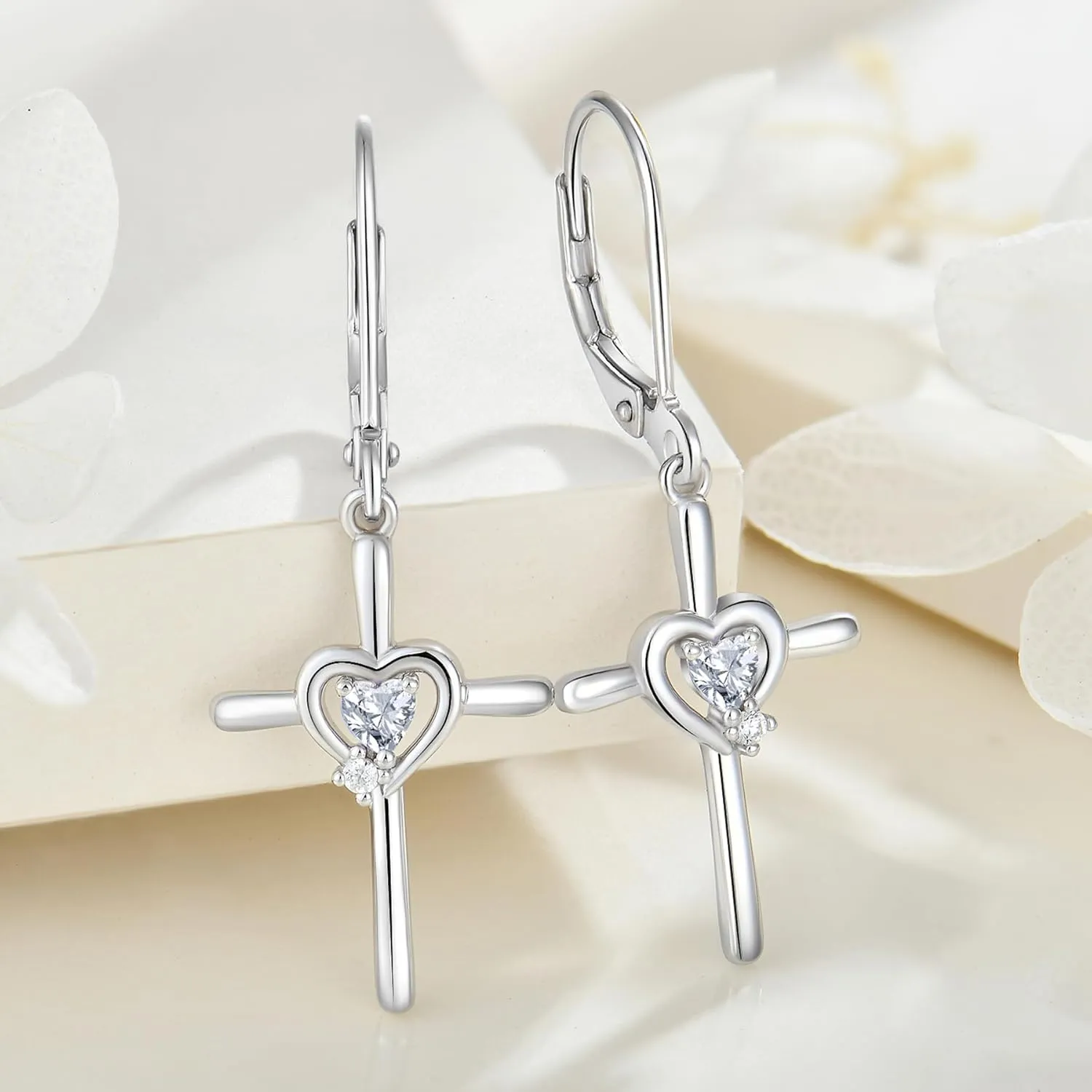 Cross Earrings Sterling Silver Opal Crucifix Dangle Drop Earrings Heart Birthstone Religious Jewelry for Women