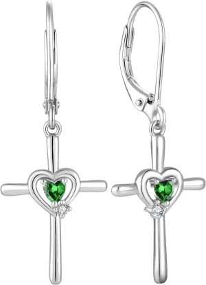 Cross Earrings Sterling Silver Opal Crucifix Dangle Drop Earrings Heart Birthstone Religious Jewelry for Women