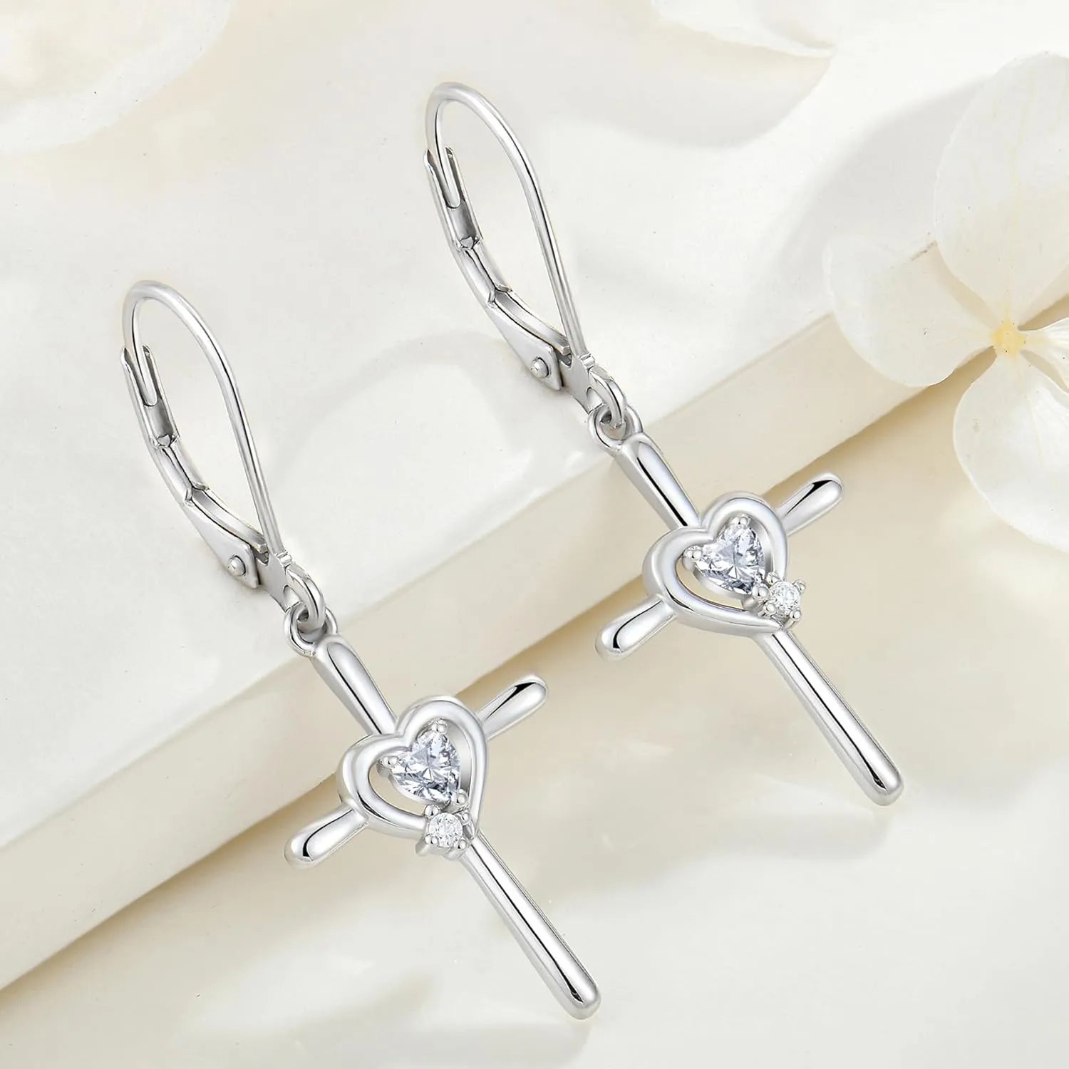 Cross Earrings Sterling Silver Opal Crucifix Dangle Drop Earrings Heart Birthstone Religious Jewelry for Women