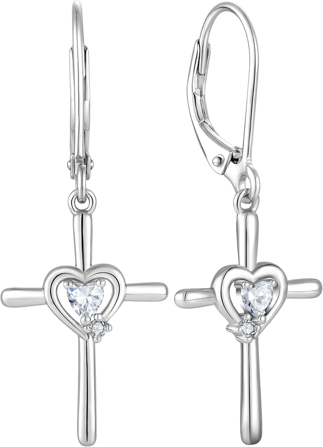 Cross Earrings Sterling Silver Opal Crucifix Dangle Drop Earrings Heart Birthstone Religious Jewelry for Women