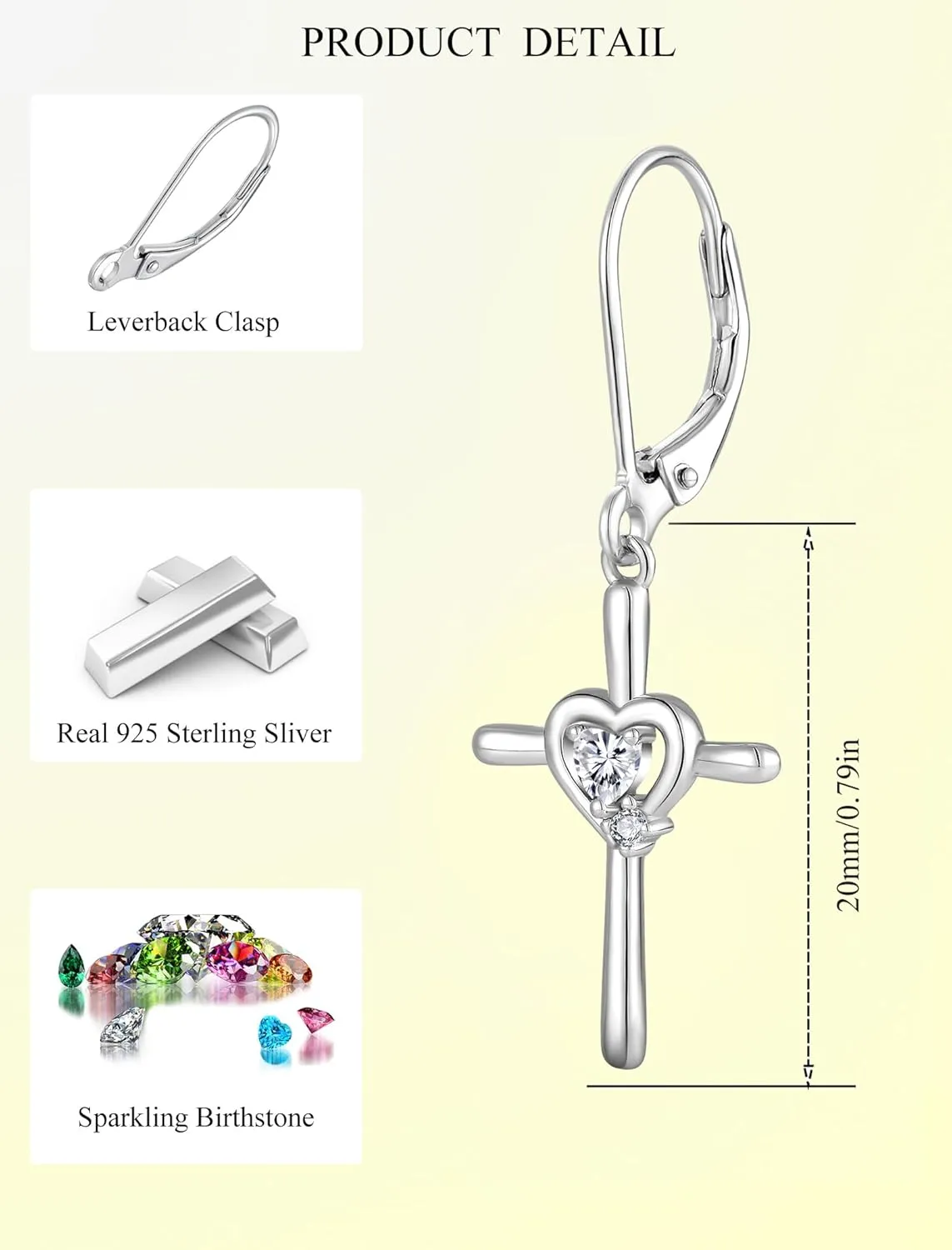 Cross Earrings Sterling Silver Opal Crucifix Dangle Drop Earrings Heart Birthstone Religious Jewelry for Women