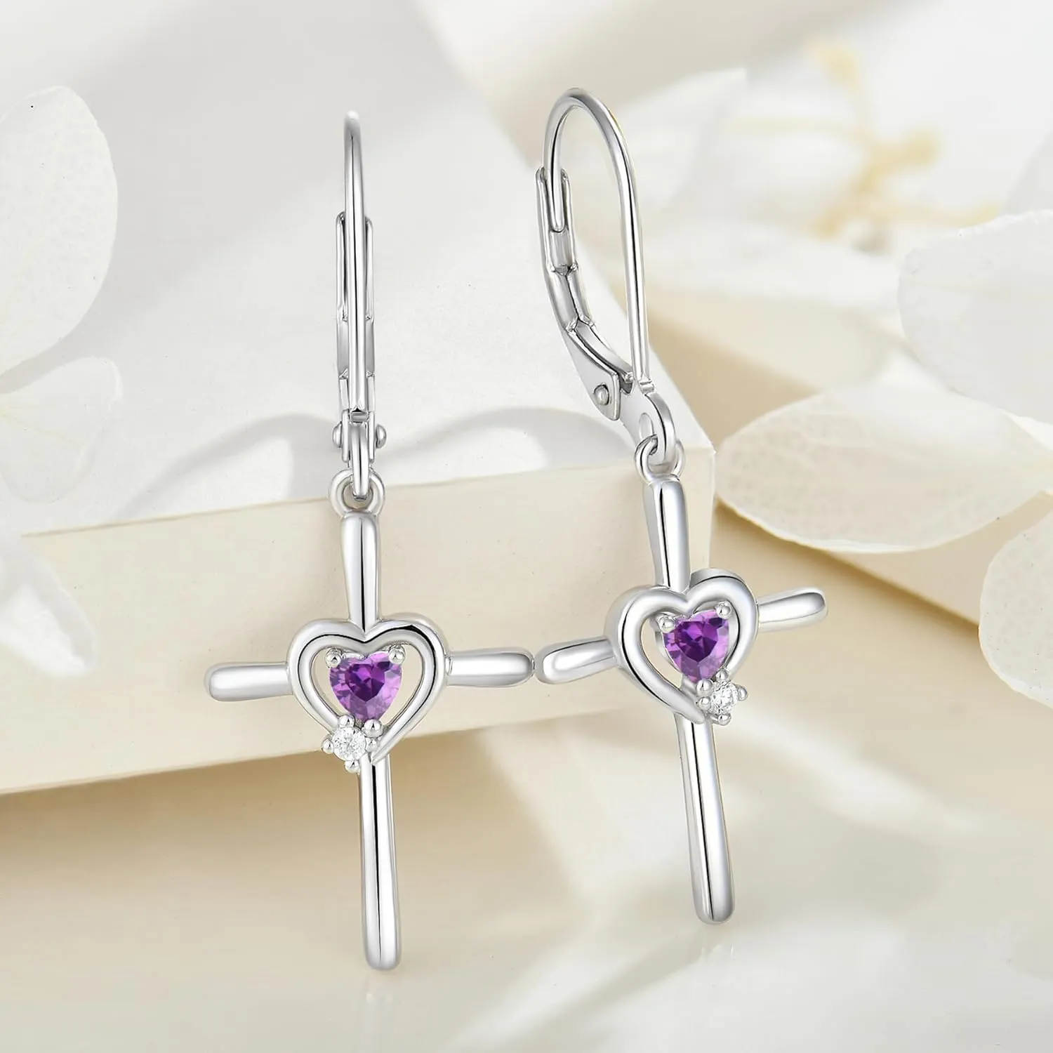 Cross Earrings Sterling Silver Opal Crucifix Dangle Drop Earrings Heart Birthstone Religious Jewelry for Women