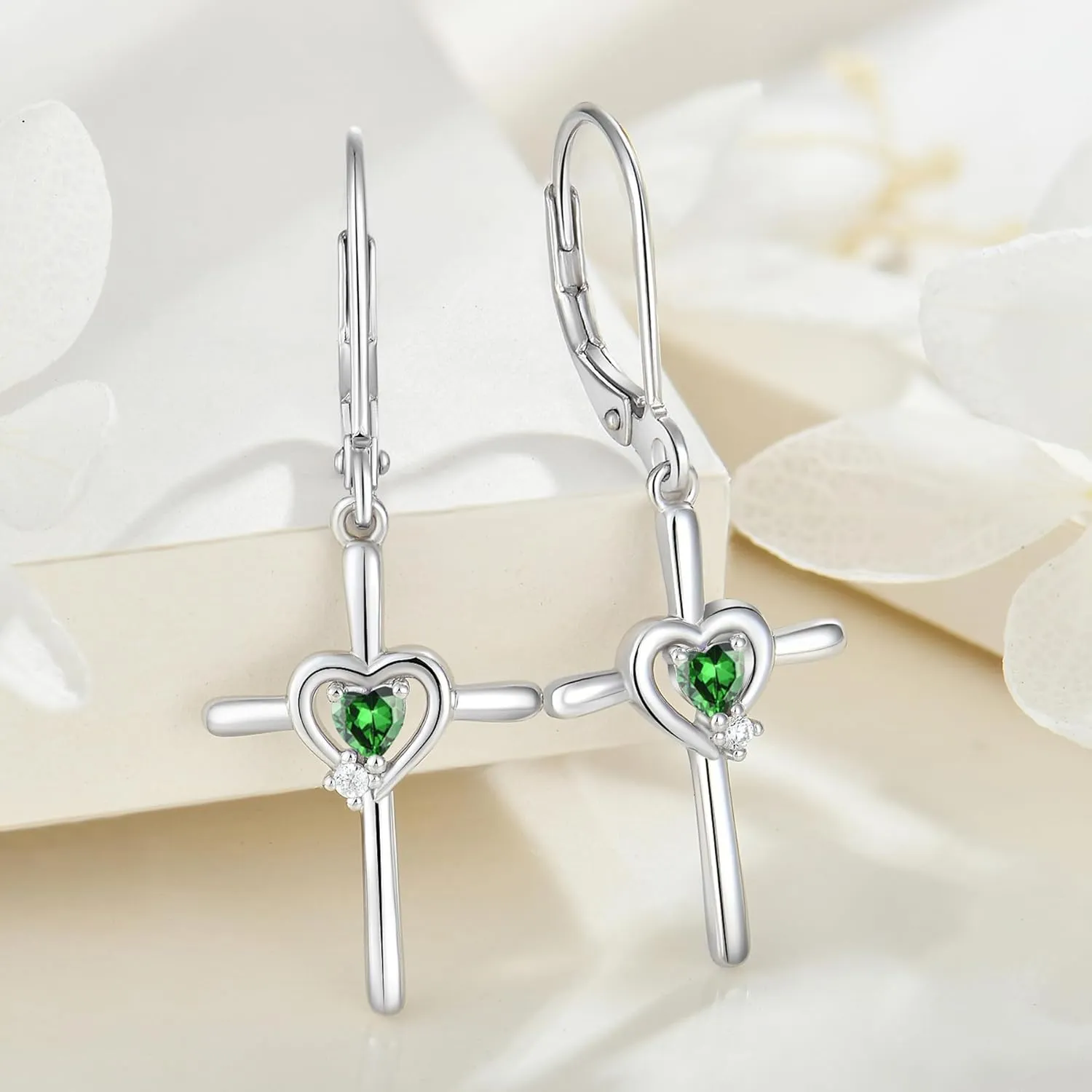 Cross Earrings Sterling Silver Opal Crucifix Dangle Drop Earrings Heart Birthstone Religious Jewelry for Women