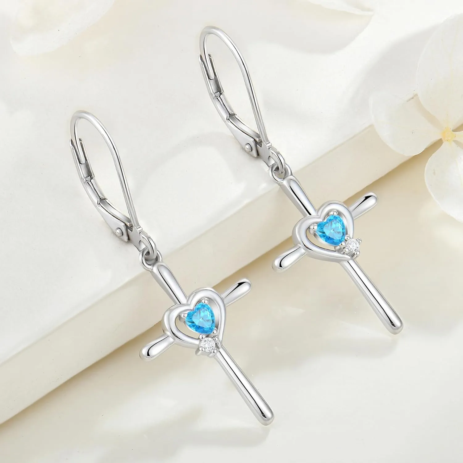 Cross Earrings Sterling Silver Opal Crucifix Dangle Drop Earrings Heart Birthstone Religious Jewelry for Women