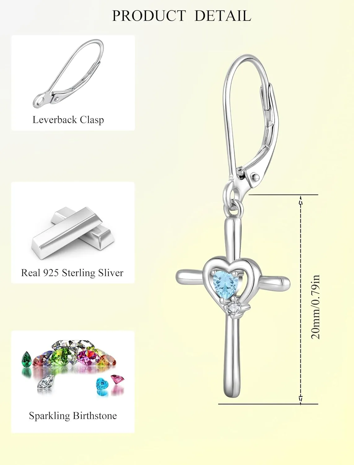 Cross Earrings Sterling Silver Opal Crucifix Dangle Drop Earrings Heart Birthstone Religious Jewelry for Women