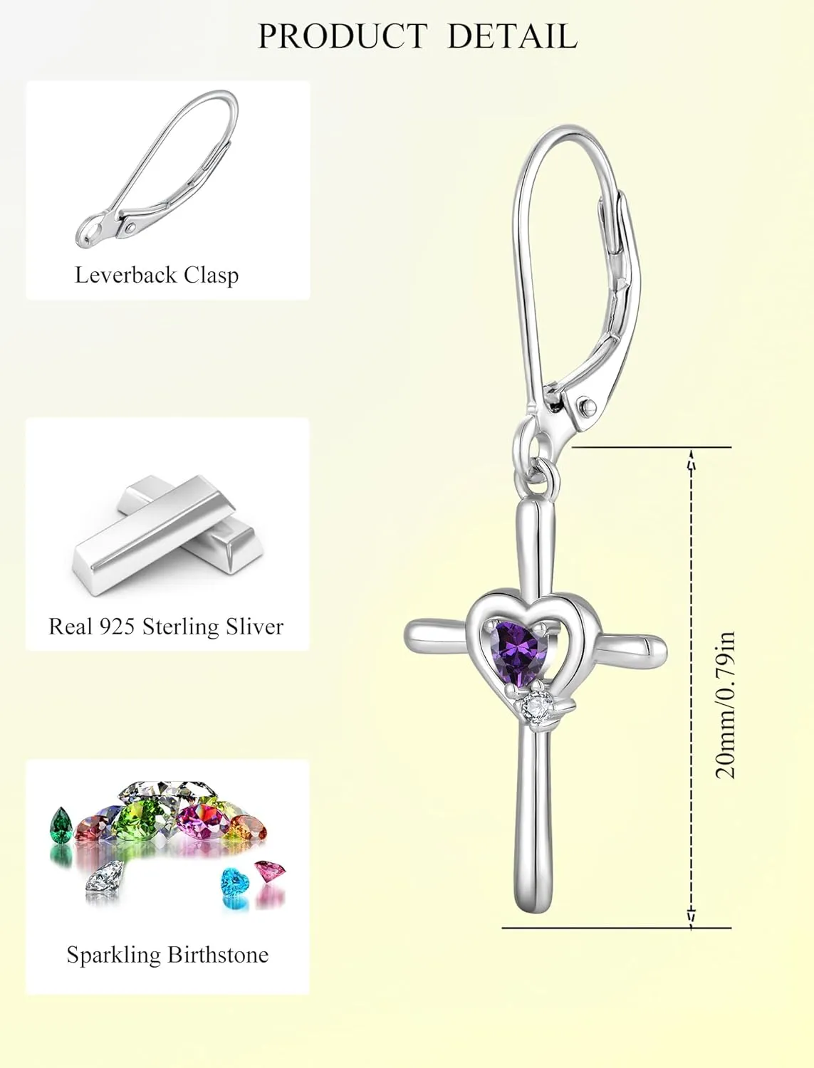 Cross Earrings Sterling Silver Opal Crucifix Dangle Drop Earrings Heart Birthstone Religious Jewelry for Women