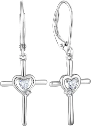 Cross Earrings Sterling Silver Opal Crucifix Dangle Drop Earrings Heart Birthstone Religious Jewelry for Women