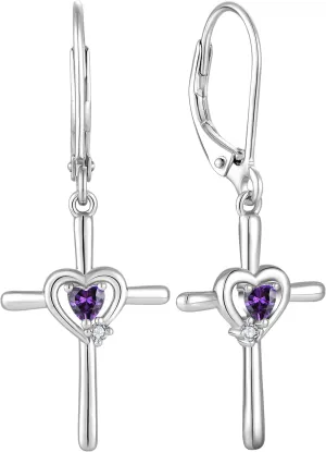 Cross Earrings Sterling Silver Opal Crucifix Dangle Drop Earrings Heart Birthstone Religious Jewelry for Women