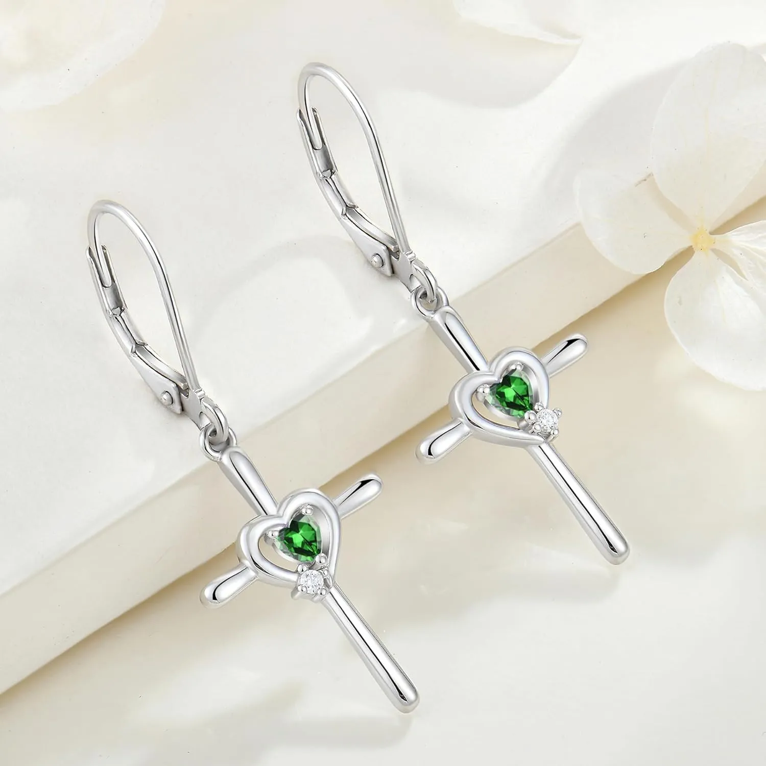 Cross Earrings Sterling Silver Opal Crucifix Dangle Drop Earrings Heart Birthstone Religious Jewelry for Women