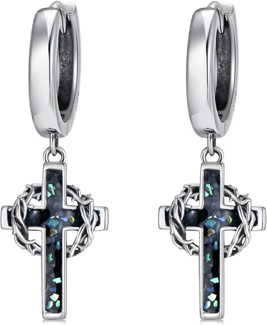Cross Hoop Earrings for Men 925 Sterling Sliver Crown of Thorns Dangle Earrings Christian Jewelry Gifts for Women