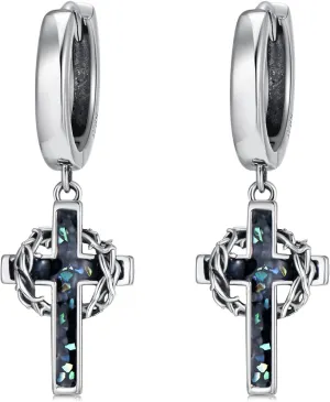 Cross Hoop Earrings for Men 925 Sterling Sliver Crown of Thorns Dangle Earrings Christian Jewelry Gifts for Women