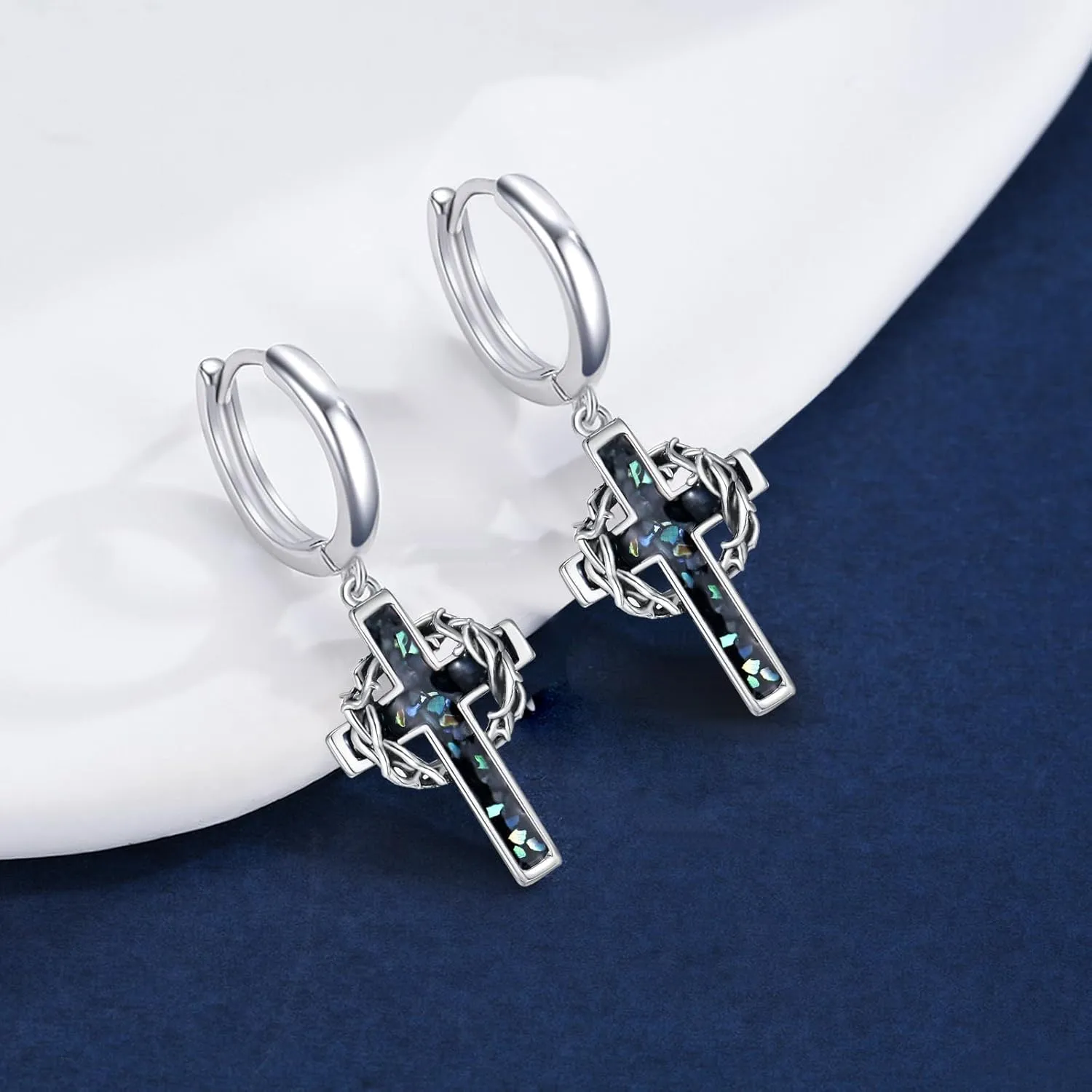Cross Hoop Earrings for Men 925 Sterling Sliver Crown of Thorns Dangle Earrings Christian Jewelry Gifts for Women