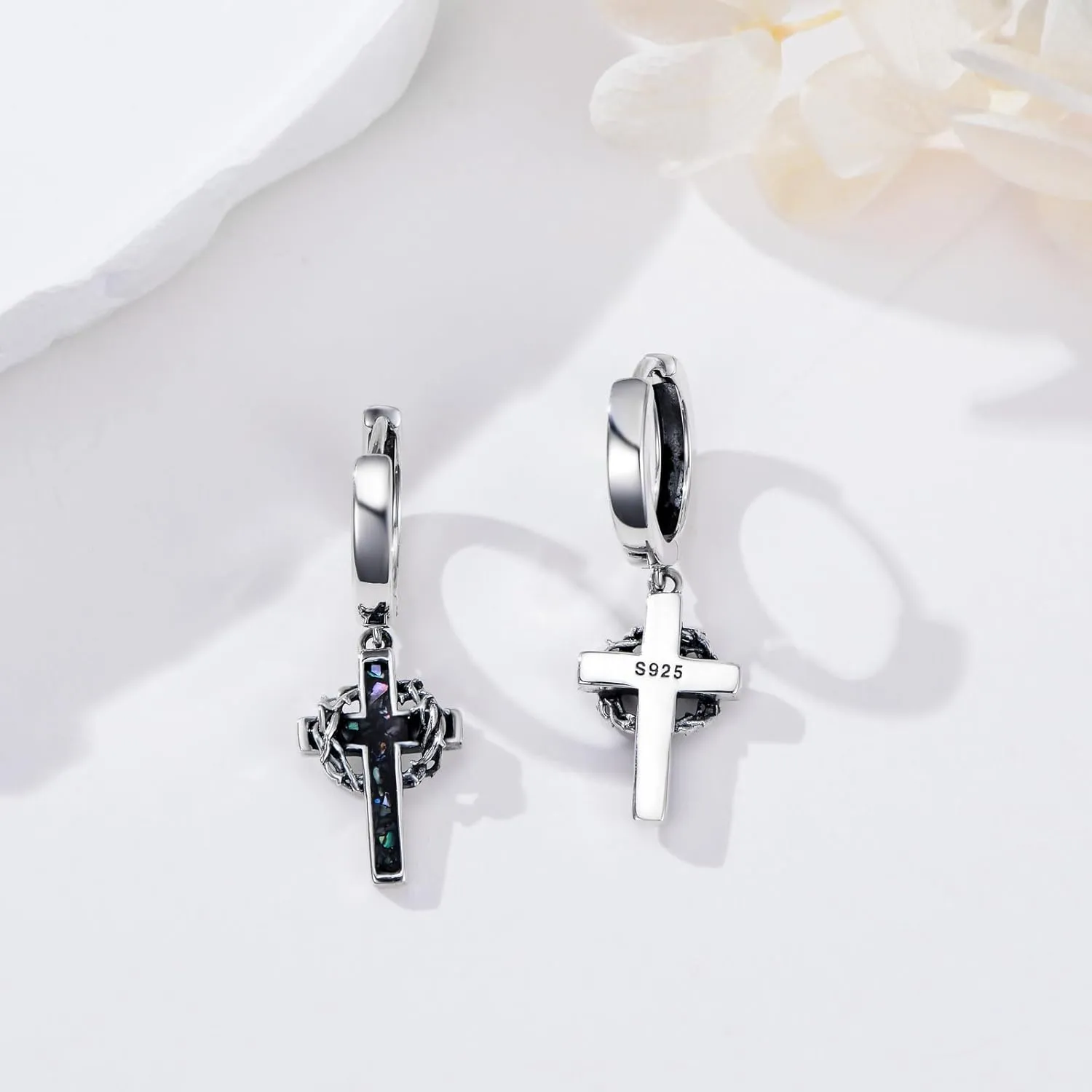 Cross Hoop Earrings for Men 925 Sterling Sliver Crown of Thorns Dangle Earrings Christian Jewelry Gifts for Women
