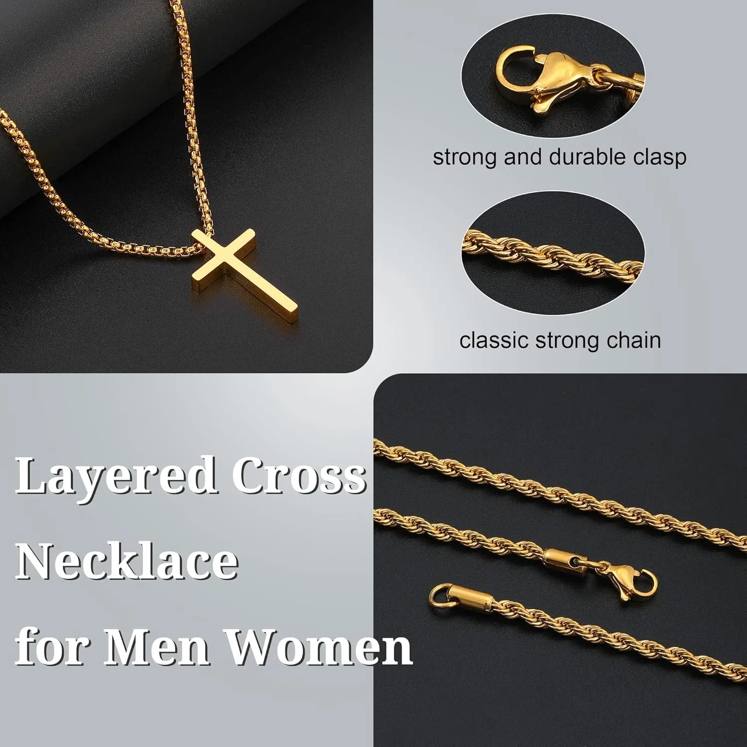 Cross Necklace for Men, Gold Silver Black Stainless Steel Mens Cross Necklaces Layered Rope Chain Box Chain Cross Pendant Necklace for Men Cross Chain Necklace for Men 16-24 Inch