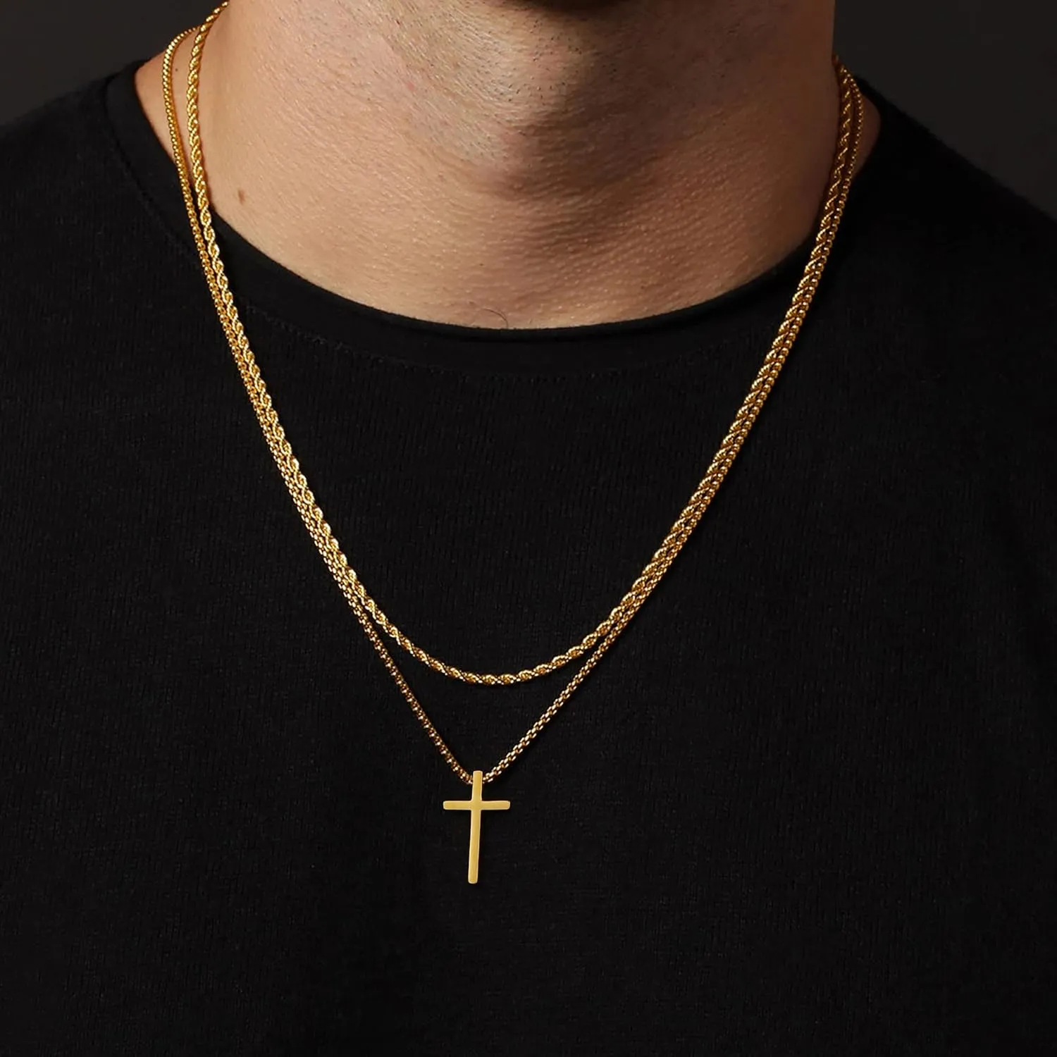 Cross Necklace for Men, Gold Silver Black Stainless Steel Mens Cross Necklaces Layered Rope Chain Box Chain Cross Pendant Necklace for Men Cross Chain Necklace for Men 16-24 Inch
