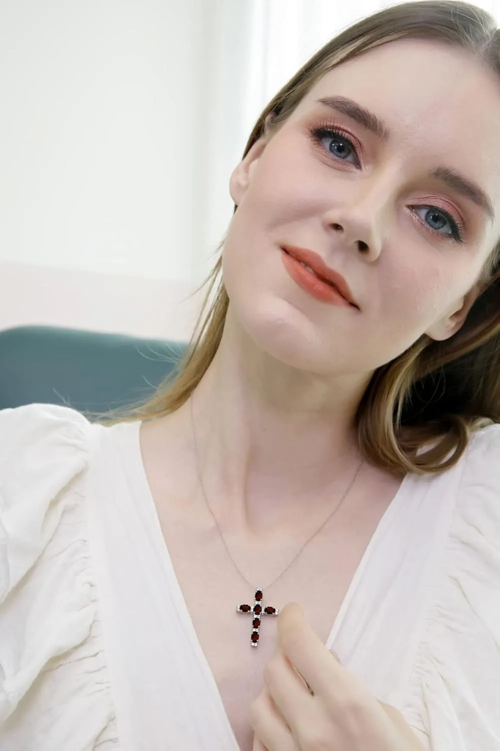 Cross Necklace for Women, Birthstone Necklace, Oval Genuine or Synthetic Gemstone Necklace, Cross Pendant, Dainty Necklace, Necklaces for Women, Sterling Silver Necklace for Women, Pendant Necklace