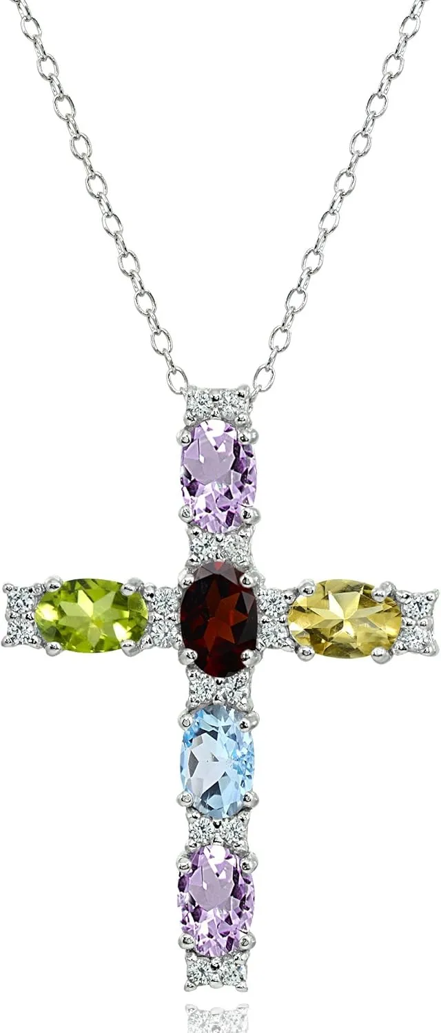Cross Necklace for Women, Birthstone Necklace, Oval Genuine or Synthetic Gemstone Necklace, Cross Pendant, Dainty Necklace, Necklaces for Women, Sterling Silver Necklace for Women, Pendant Necklace