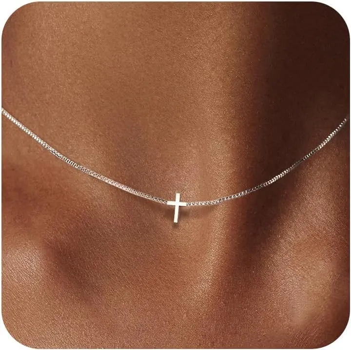 Cross Necklace for Women Dainty 14K Gold Silver Plated Small Cross Pendant Choker Simple Cute Cross Gold Necklace for Women Trendy Faith Jewelry Gift