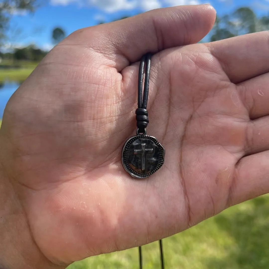 Cross Necklace Mens - Men Cross Coin, Religious Pendant, Medallion Necklaces, Christmas Gift, Catholic Pendant, Christian Charms, Women Gifts to Husband, Cute Crosses (Gunmetal, Black Leather)