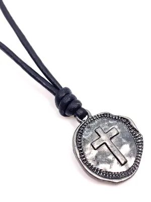 Cross Necklace Mens - Men Cross Coin, Religious Pendant, Medallion Necklaces, Christmas Gift, Catholic Pendant, Christian Charms, Women Gifts to Husband, Cute Crosses (Gunmetal, Black Leather)