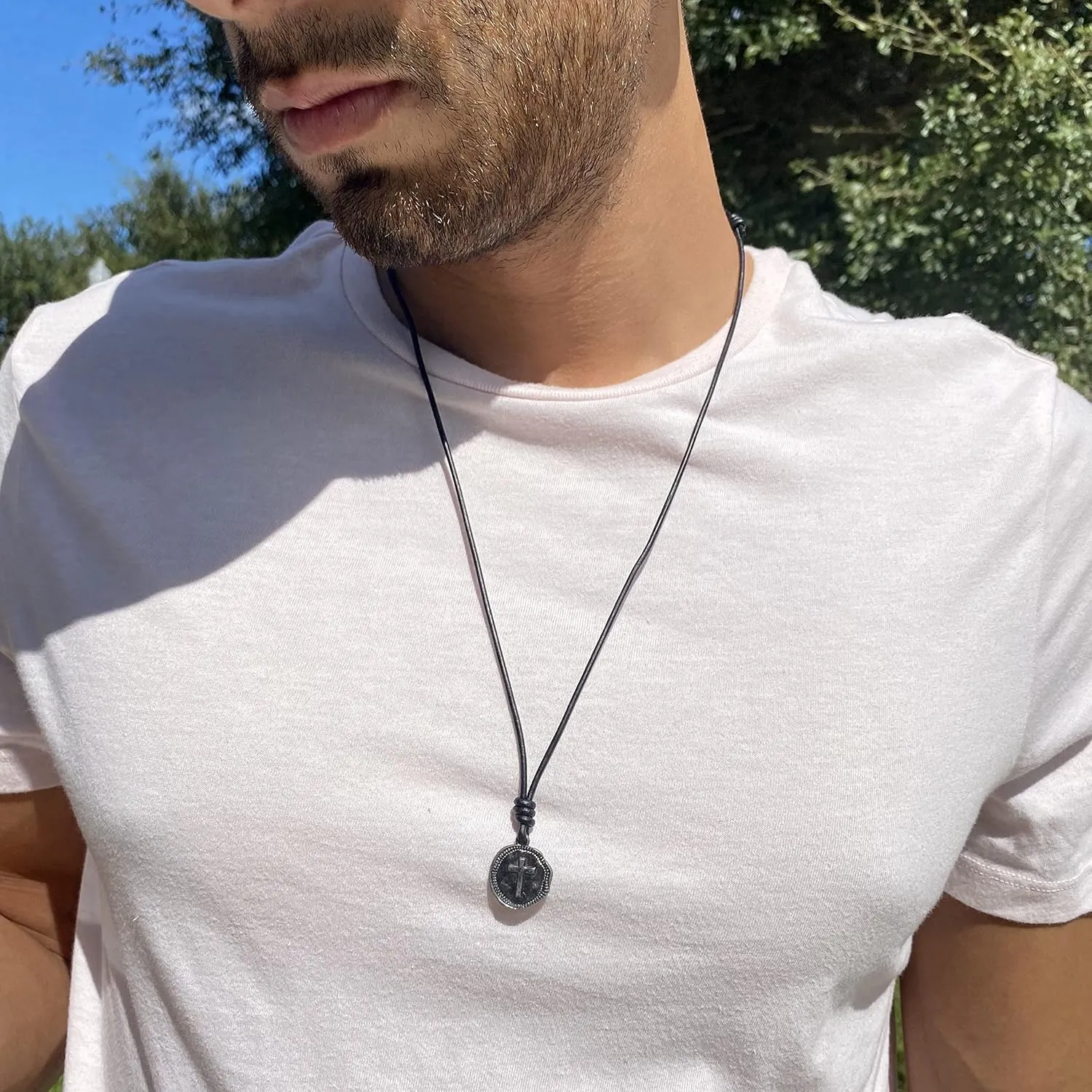 Cross Necklace Mens - Men Cross Coin, Religious Pendant, Medallion Necklaces, Christmas Gift, Catholic Pendant, Christian Charms, Women Gifts to Husband, Cute Crosses (Gunmetal, Black Leather)