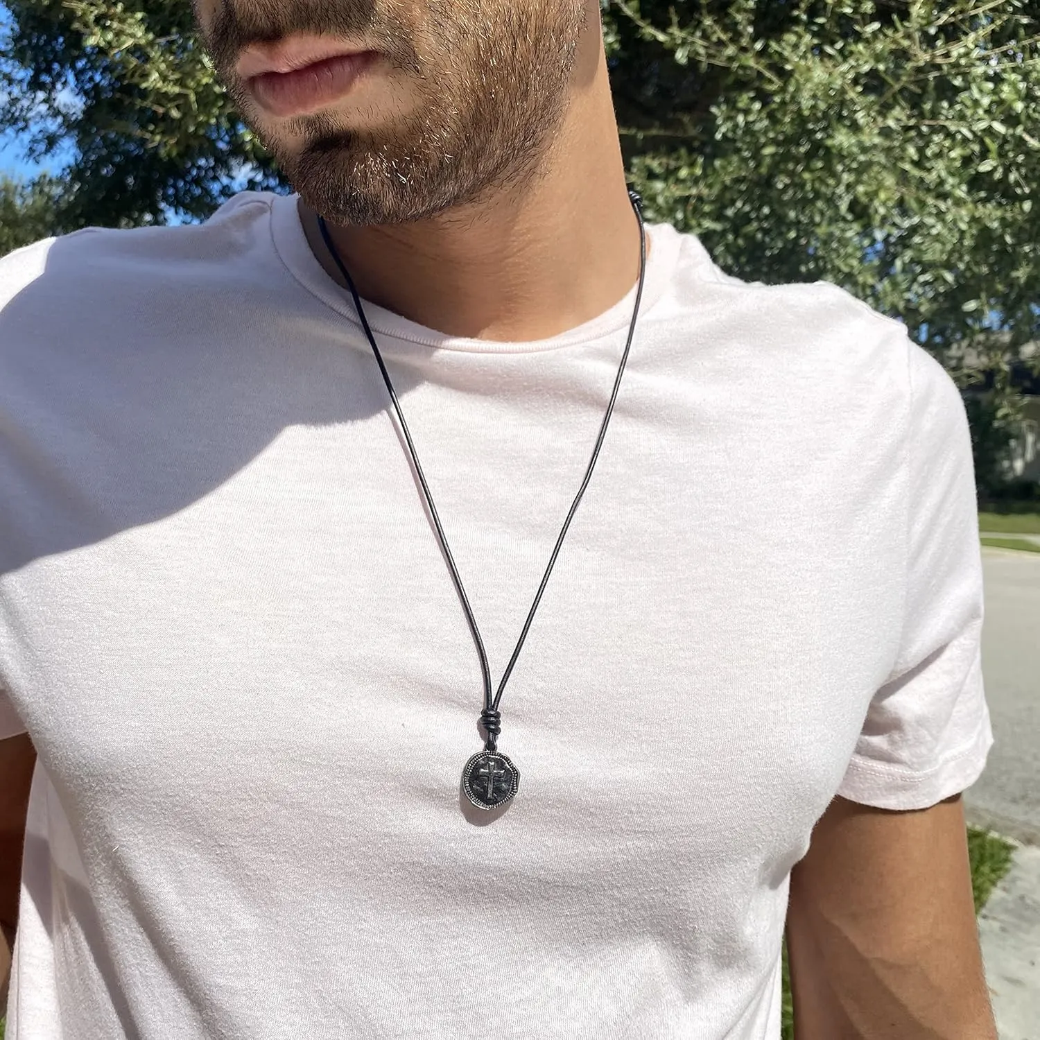 Cross Necklace Mens - Men Cross Coin, Religious Pendant, Medallion Necklaces, Christmas Gift, Catholic Pendant, Christian Charms, Women Gifts to Husband, Cute Crosses (Gunmetal, Black Leather)