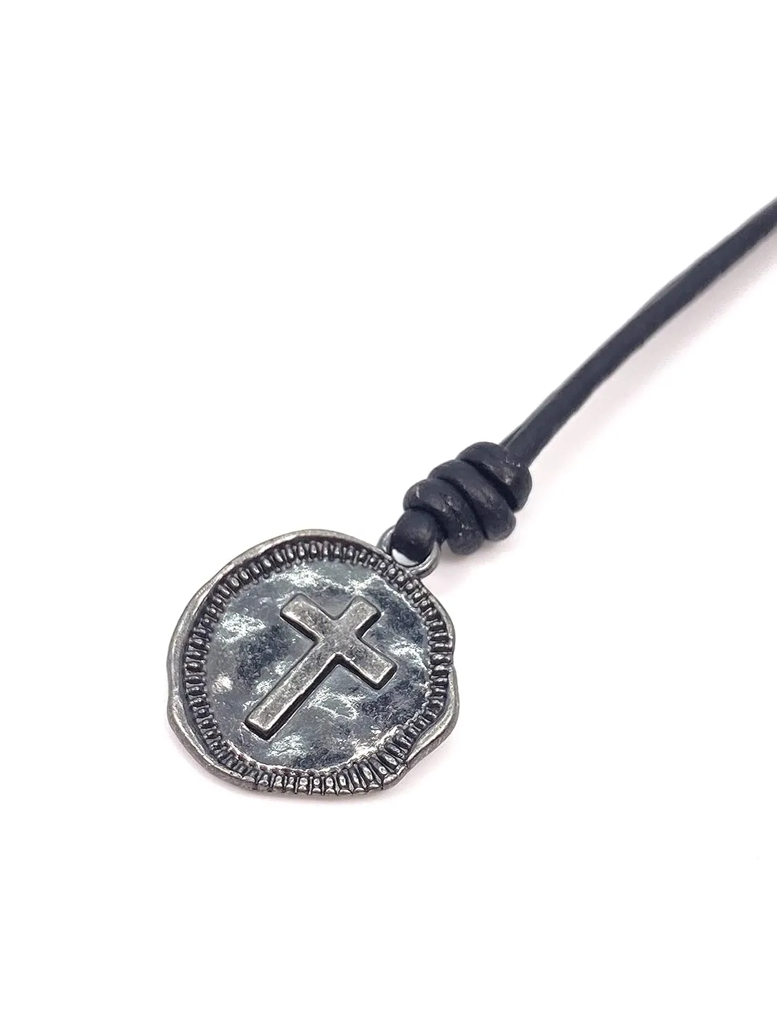 Cross Necklace Mens - Men Cross Coin, Religious Pendant, Medallion Necklaces, Christmas Gift, Catholic Pendant, Christian Charms, Women Gifts to Husband, Cute Crosses (Gunmetal, Black Leather)