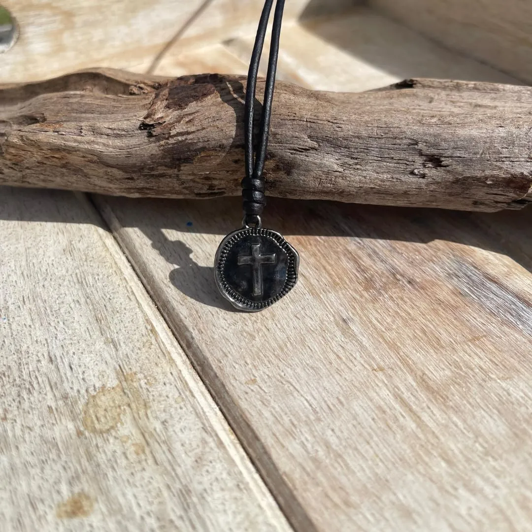 Cross Necklace Mens - Men Cross Coin, Religious Pendant, Medallion Necklaces, Christmas Gift, Catholic Pendant, Christian Charms, Women Gifts to Husband, Cute Crosses (Gunmetal, Black Leather)
