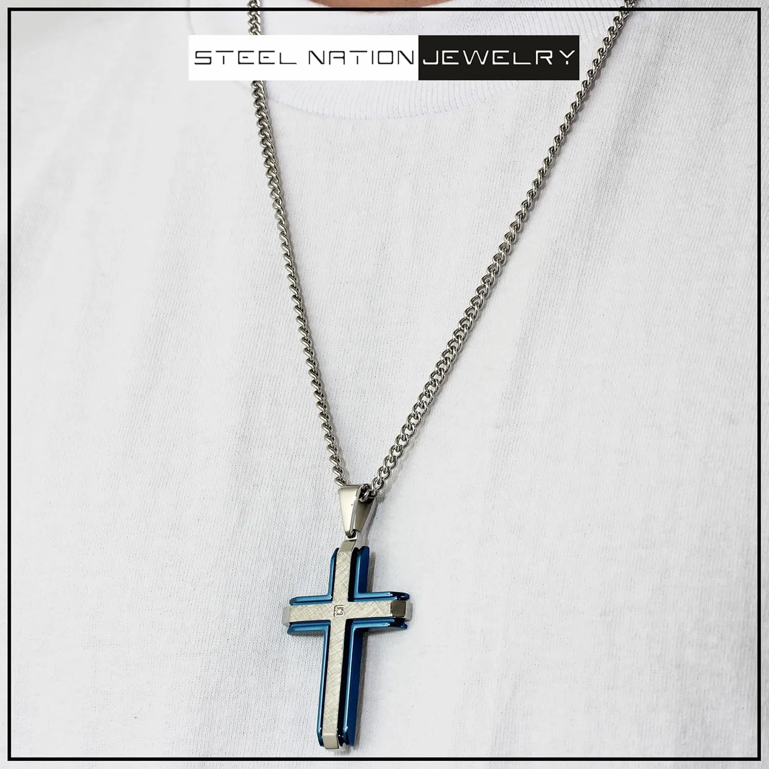 Cross Pendant Necklace for Men 24" Stainless Steel Religious Jewelry Choice of Colors