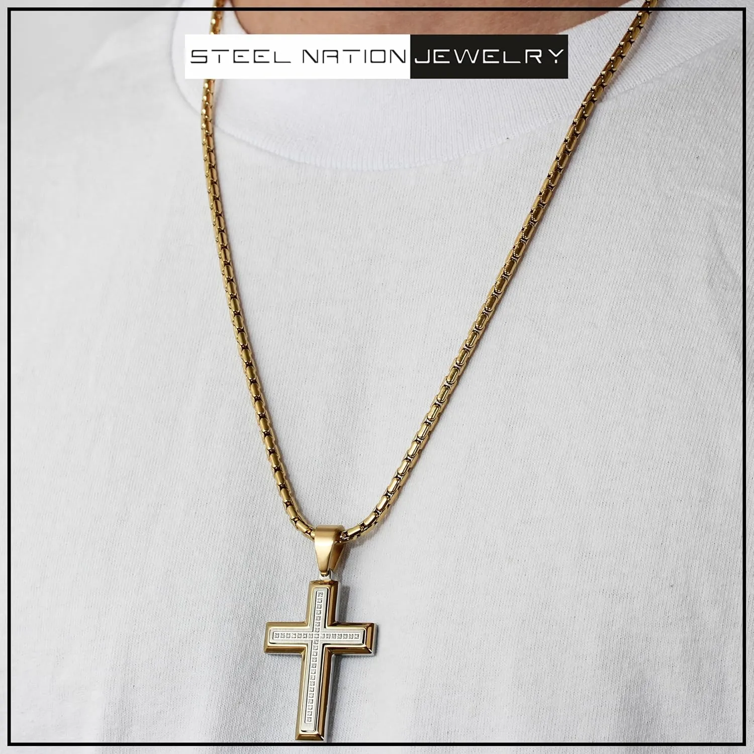 Cross Pendant Necklace for Men 24" Stainless Steel Religious Jewelry Choice of Colors