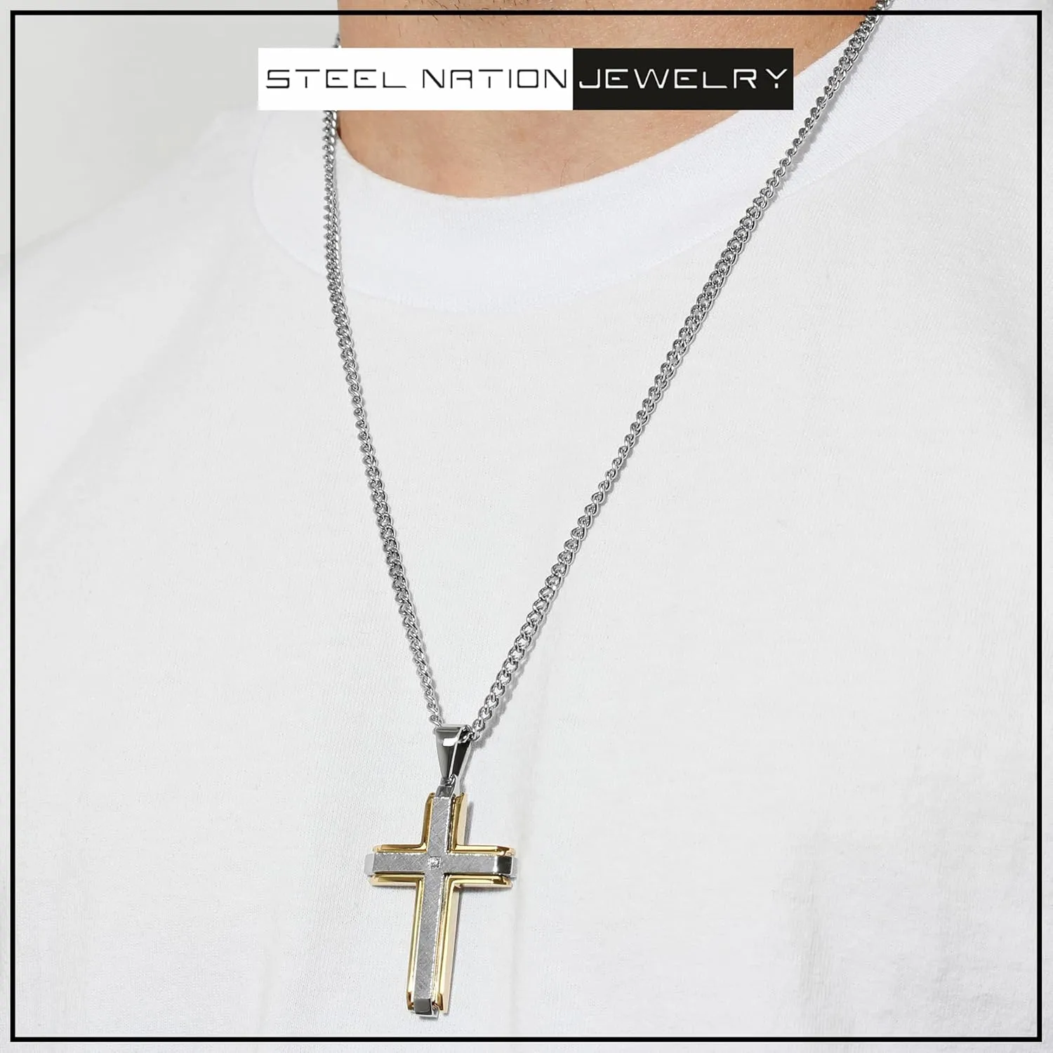 Cross Pendant Necklace for Men 24" Stainless Steel Religious Jewelry Choice of Colors