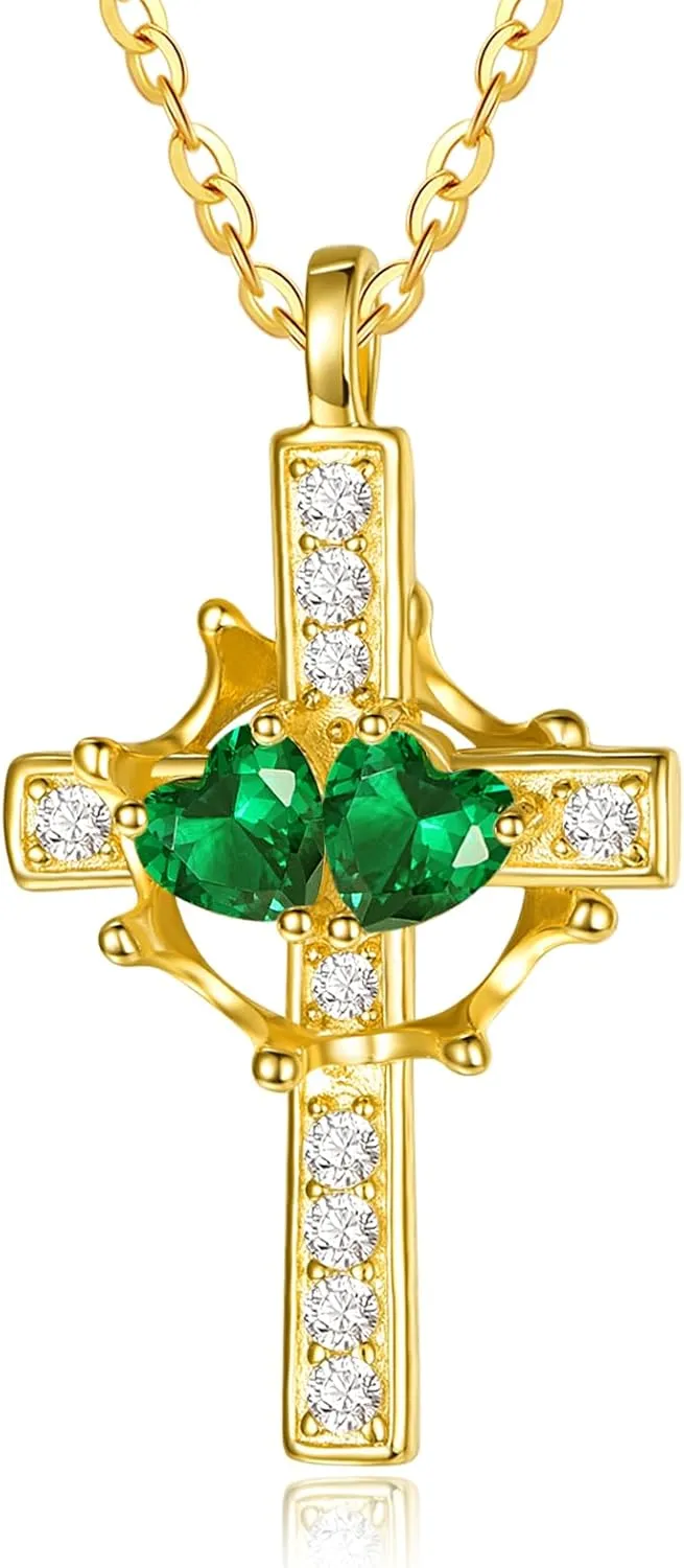 Crown Cross Necklace for Women Crown Cross Pendant Double Birthstones Jewelry Anniversary Wedding Birthday Gifts for Women