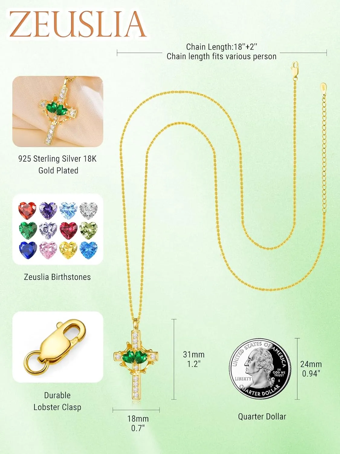 Crown Cross Necklace for Women Crown Cross Pendant Double Birthstones Jewelry Anniversary Wedding Birthday Gifts for Women