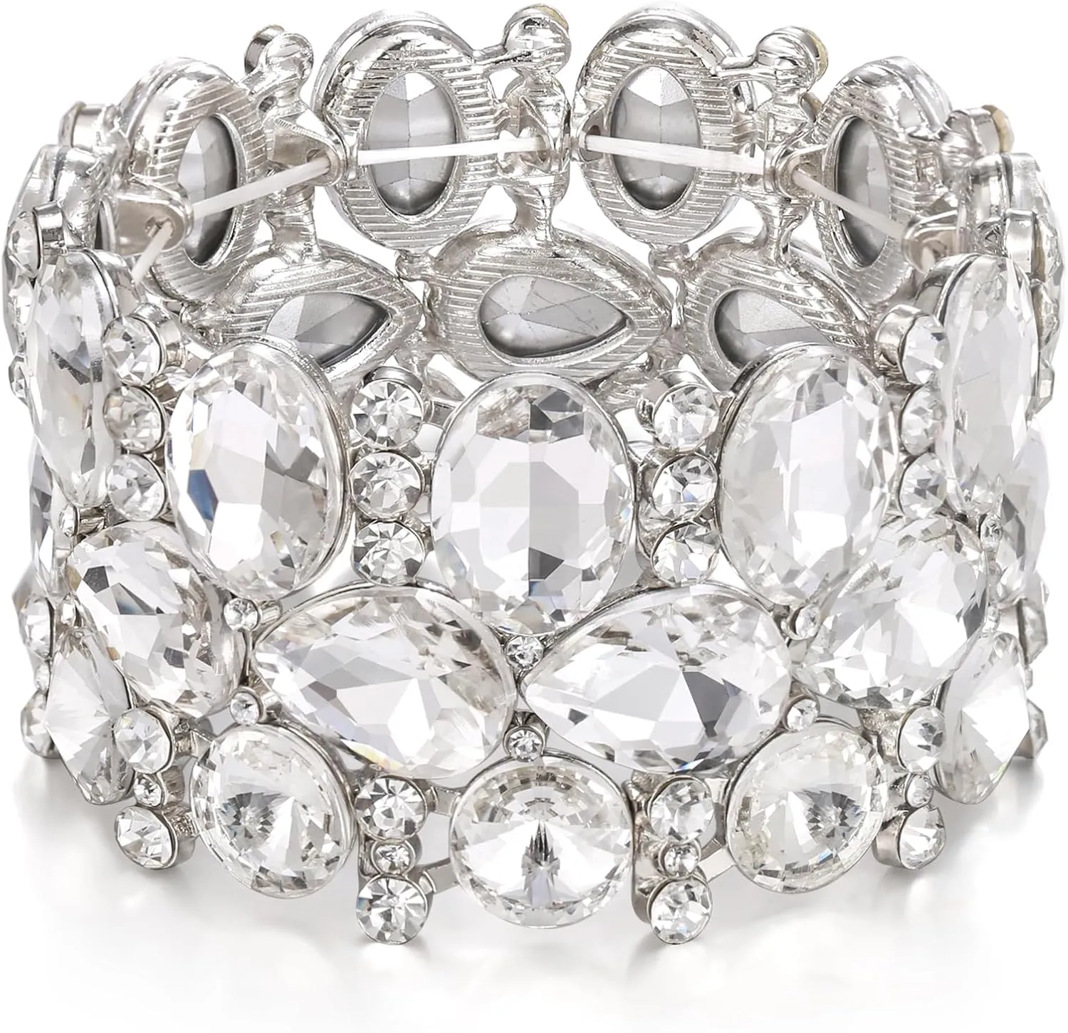 Crysdue Art Deco Teardrop Oval Crystal Cluster Elastic Stretch Bracelet Rhinestone Wrist Jewelry for Women Prom Party Wedding