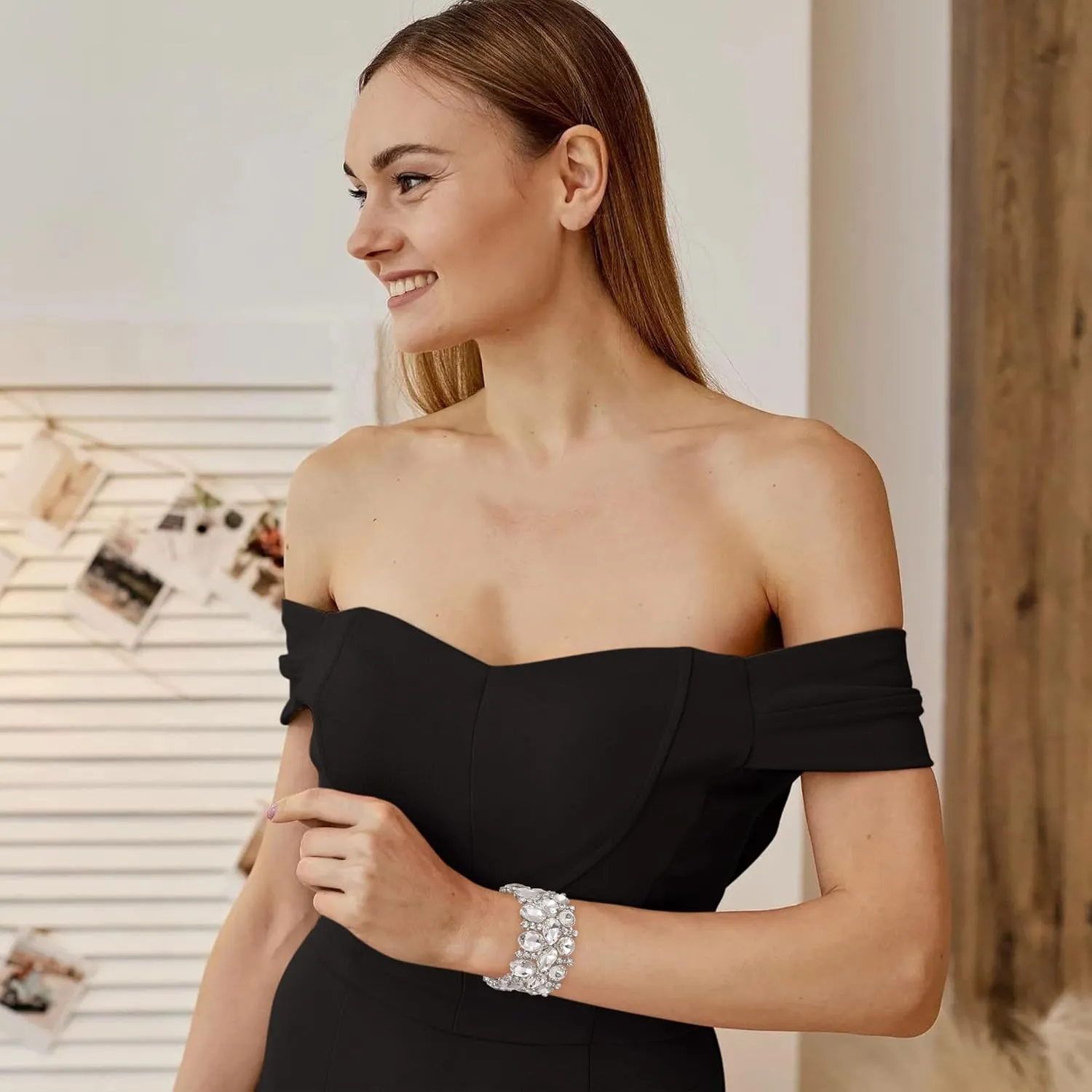 Crysdue Art Deco Teardrop Oval Crystal Cluster Elastic Stretch Bracelet Rhinestone Wrist Jewelry for Women Prom Party Wedding