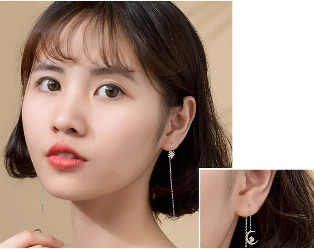 Crystal Crescent Moon Star Tassel Threader Chain Earrings S925 Sterling Silver Asymmetrical Dainty CZ Crystal Rhinestone Dangling Charm Sun Long Chains Earring Jewelry for Women Girls