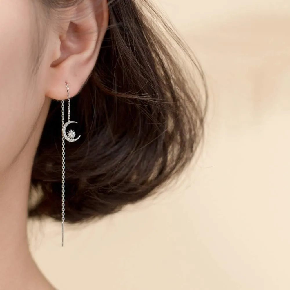 Crystal Crescent Moon Star Tassel Threader Chain Earrings S925 Sterling Silver Asymmetrical Dainty CZ Crystal Rhinestone Dangling Charm Sun Long Chains Earring Jewelry for Women Girls