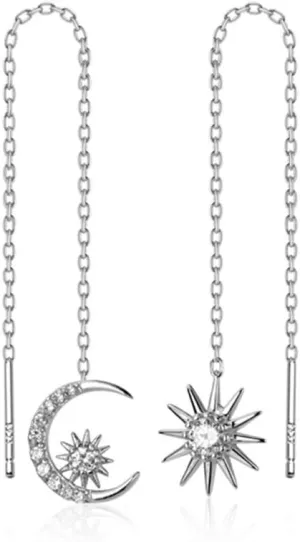 Crystal Crescent Moon Star Tassel Threader Chain Earrings S925 Sterling Silver Asymmetrical Dainty CZ Crystal Rhinestone Dangling Charm Sun Long Chains Earring Jewelry for Women Girls