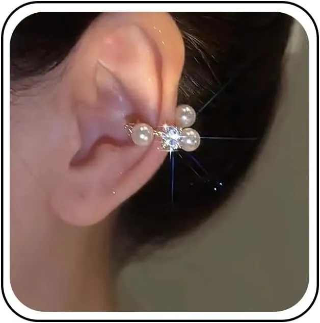 Crystal Pearl Ear Cuff Earrings Gold Pearl Earrings Rhinestone Pearl Wrap Cuff Earrings Pearl Cuff Clip On Earrings Pearl No Piercing Clip Earrings Cuff Cartilage Earrings