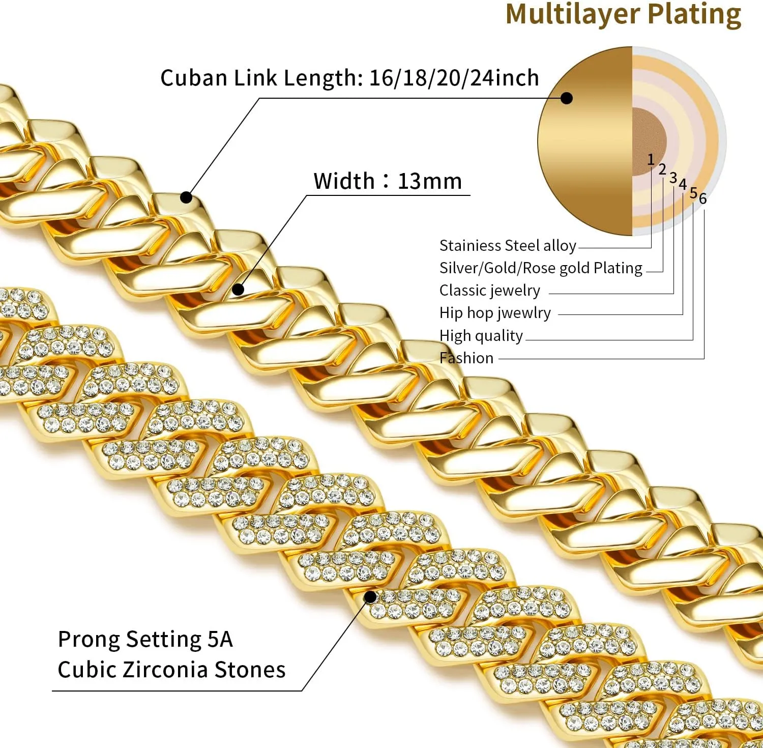 Cuban Link Chain For Men Women Iced Out Chain Miami Cuban Necklace Bling Diamond Chains Hip Hop Jewelry 13mm Silver Gold
