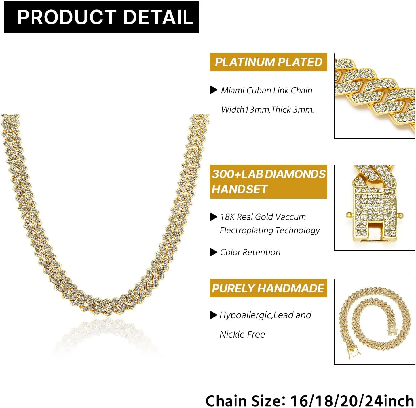 Cuban Link Chain For Men Women Iced Out Chain Miami Cuban Necklace Bling Diamond Chains Hip Hop Jewelry 13mm Silver Gold