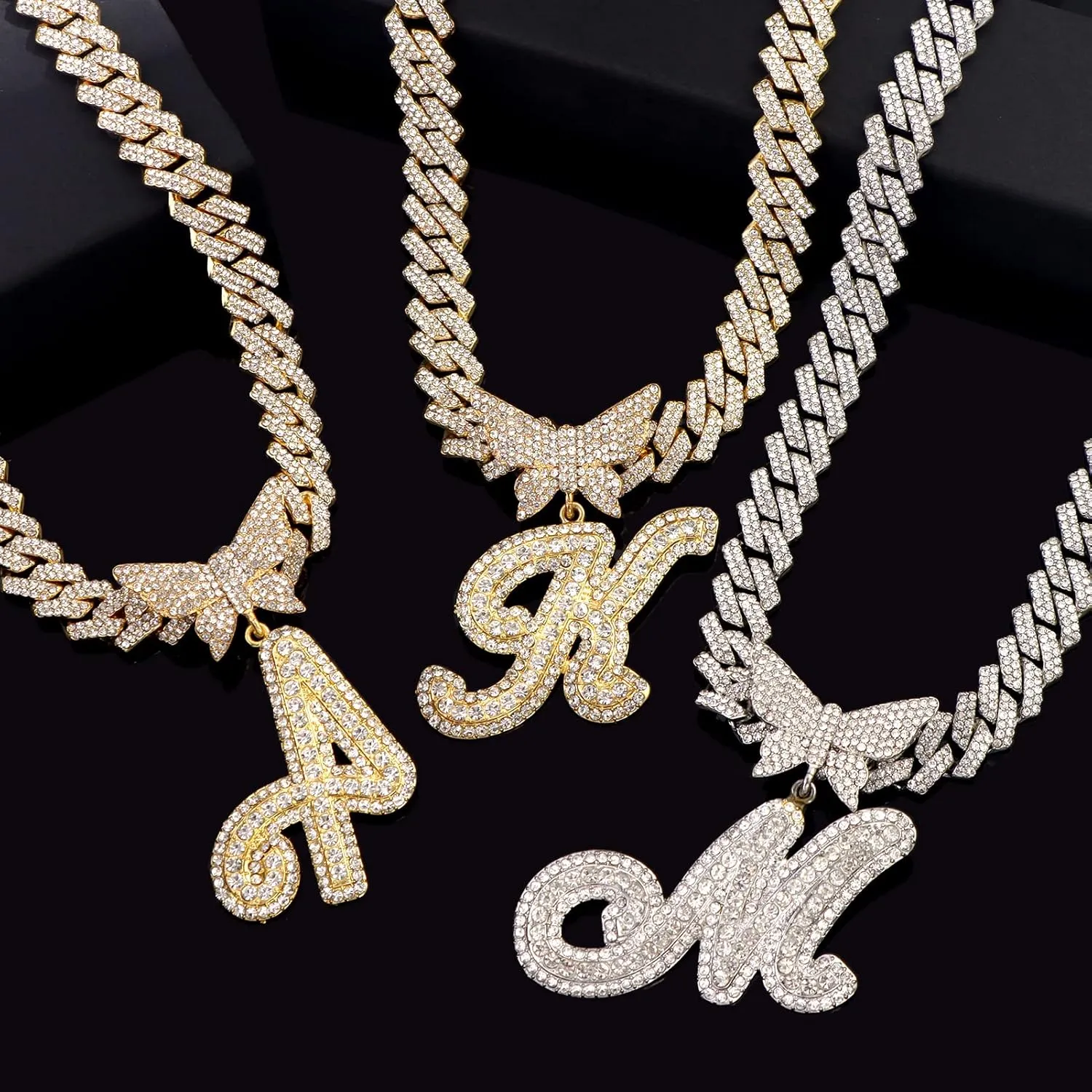 Cuban Link Chain for Women Cursive Silver Initial 14MM Diamond Prong Cuban Chain Hip Hop Iced Out Chain Necklace Butterfly Initial Letter Name Necklaces for Women