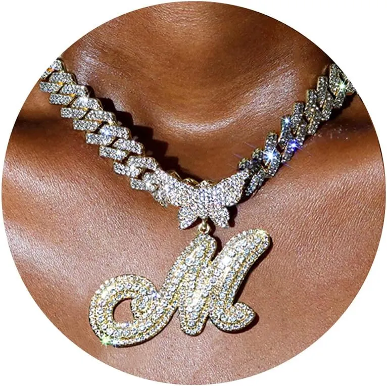 Cuban Link Chain for Women Cursive Silver Initial 14MM Diamond Prong Cuban Chain Hip Hop Iced Out Chain Necklace Butterfly Initial Letter Name Necklaces for Women