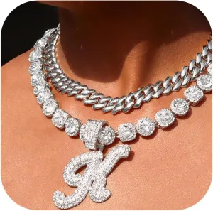 Cuban Link Chain for Women - Silver Initial Necklace, 14mm Cursive Chain for Hip Hop Jewelry