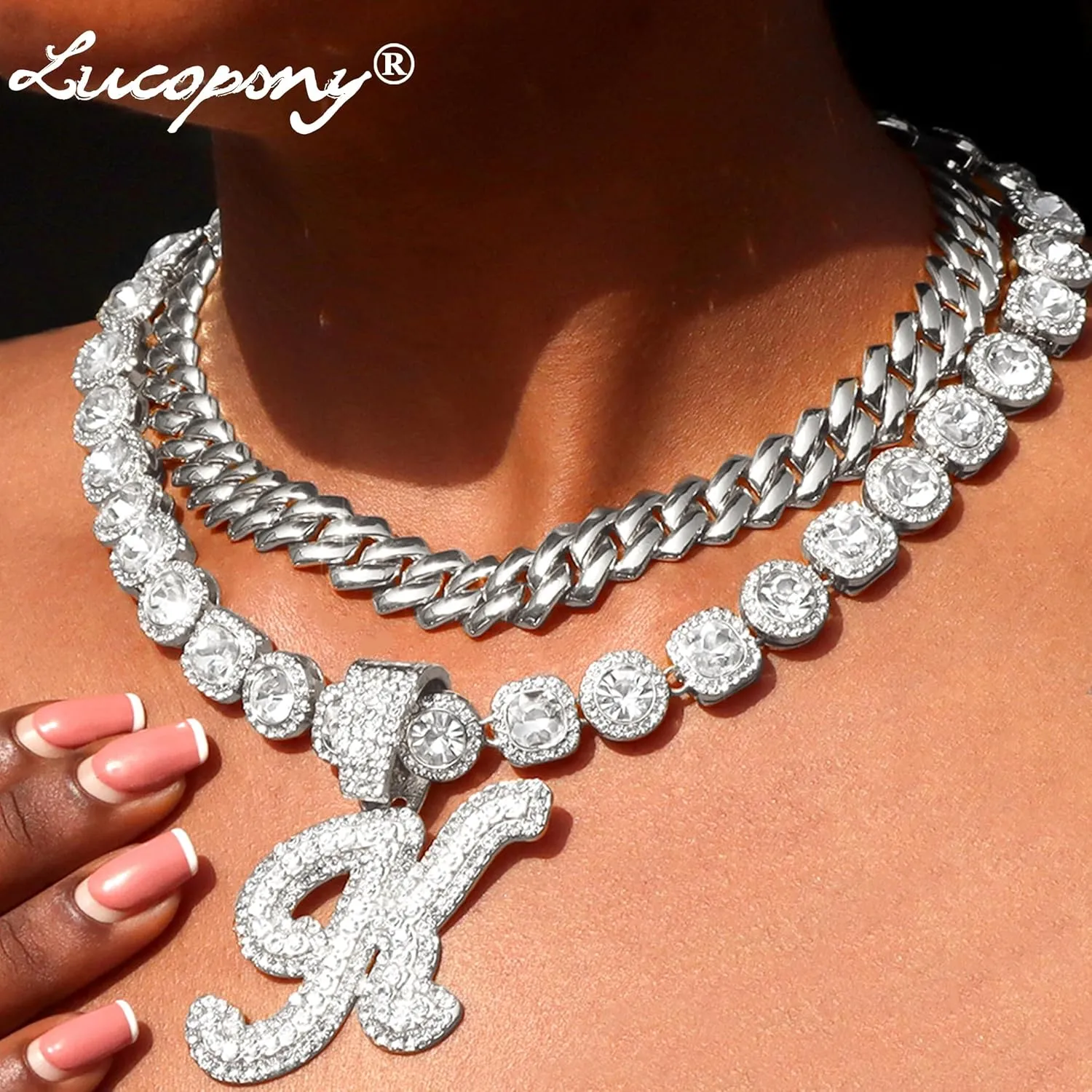 Cuban Link Chain for Women - Silver Initial Necklace, 14mm Cursive Chain for Hip Hop Jewelry